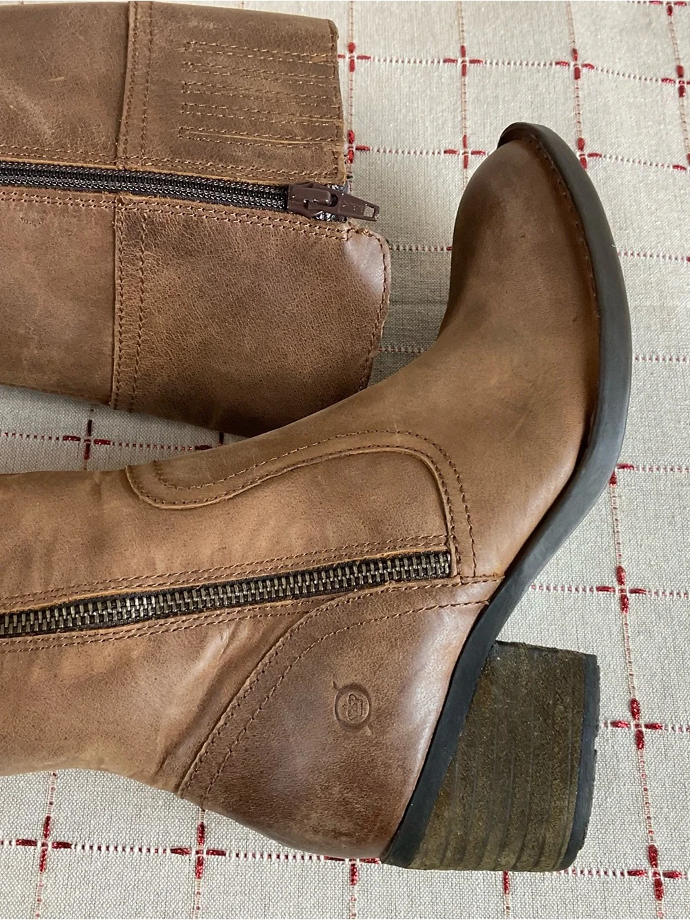 BORN Fannar Brown Leather Knee High Boots F32716 Size 6 Full Zip Riding Boots